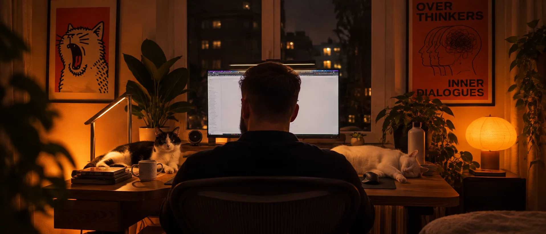 Andrew at his desk at night, two cats supervising